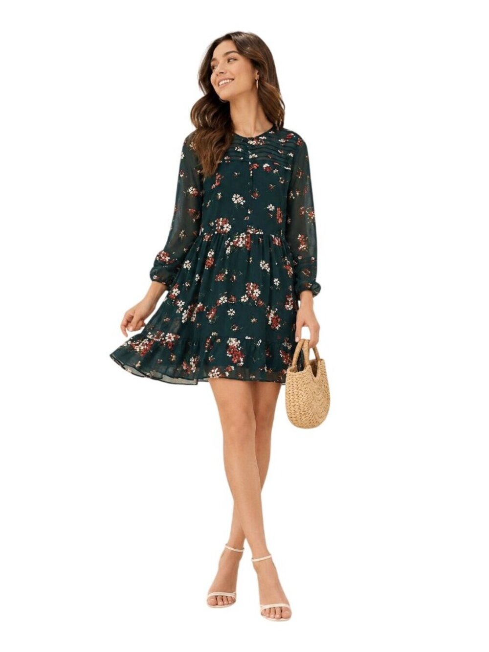 Madewell Womens Pintuck Green Floral Long Sleeve Dress Size 10